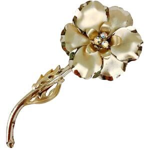 Vintage 50s 60s Gold Tone Flower Brooch Aurora Borealis Rhinestone Large Pin